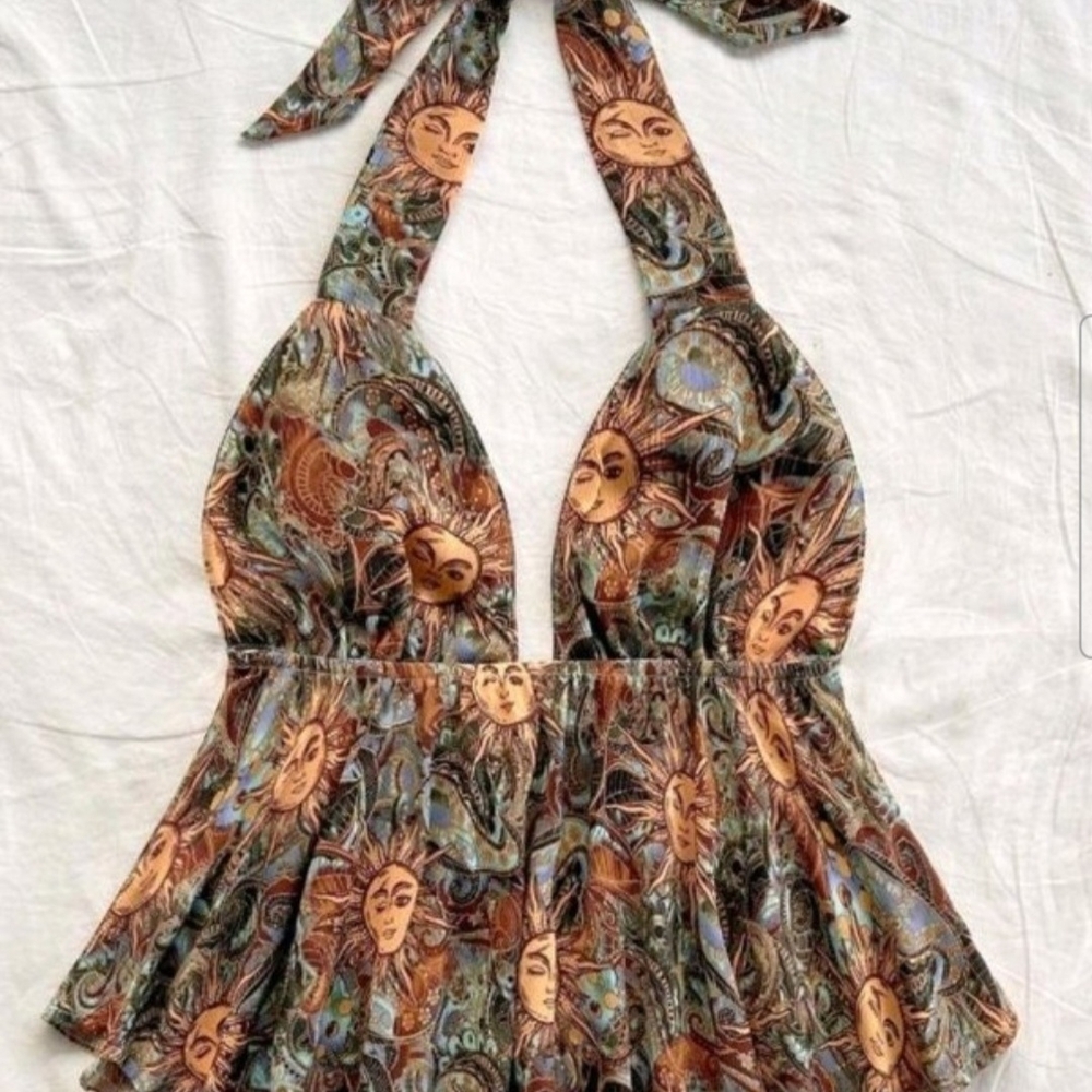 Bohemian Sun Motif Halter Top - Brown and Blue